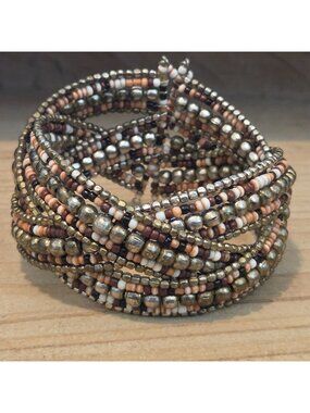 Wide Boho Brown Seed Beaded Braided Bali Cuff Statement Bracelet